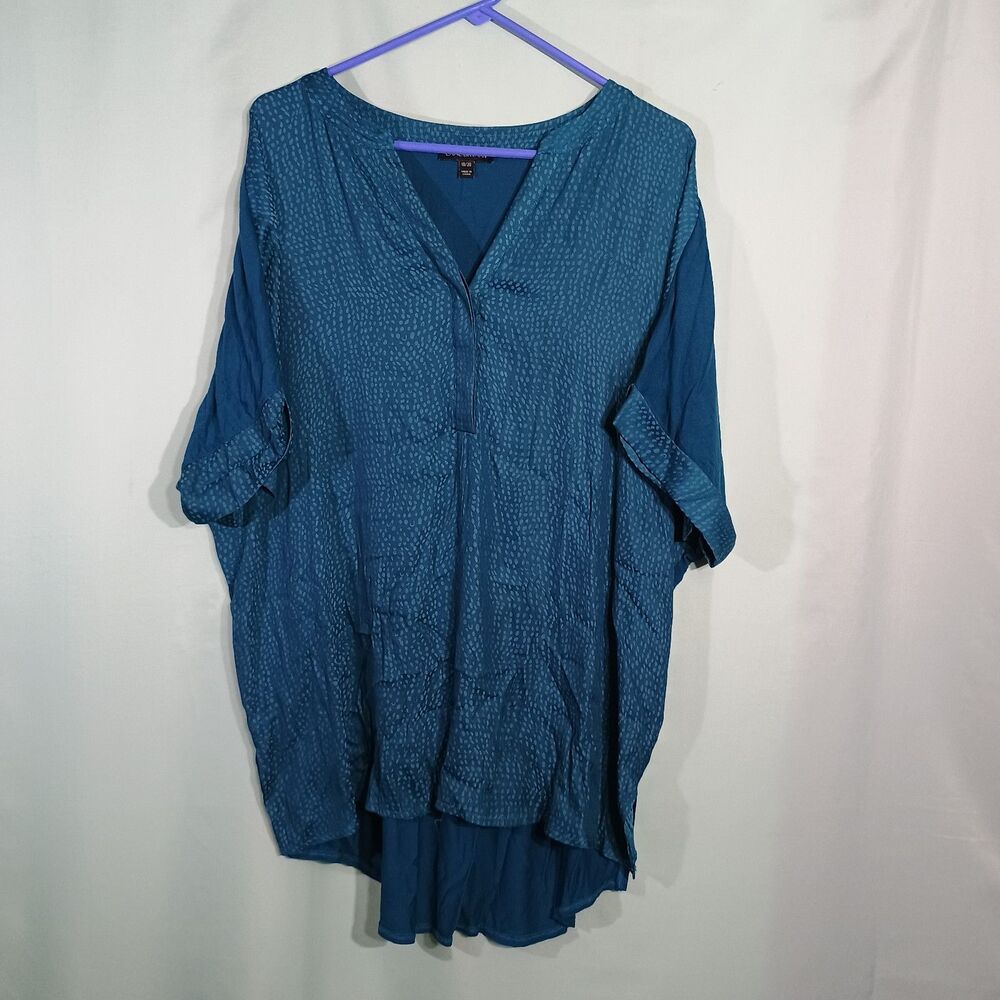 Women’s Teal Blue Tunic Top – V-Neck Roll Tab Sleeve High Low Blouse